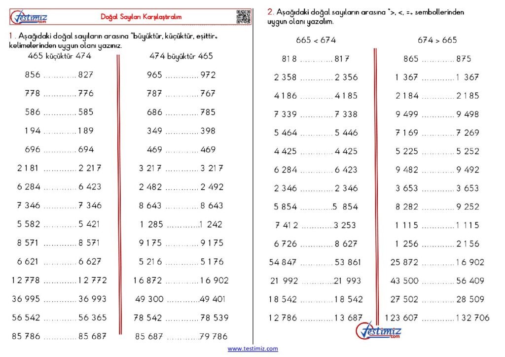 4. Sınıf Doğal Sayıları Karşılaştıralım Çalışması PDF