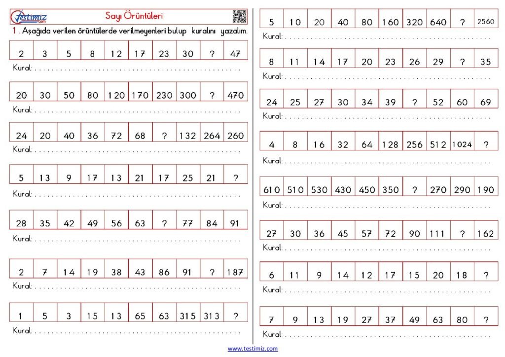 4. Sınıf Sayı Örüntüleri Oluşturalım Çalışması PDF