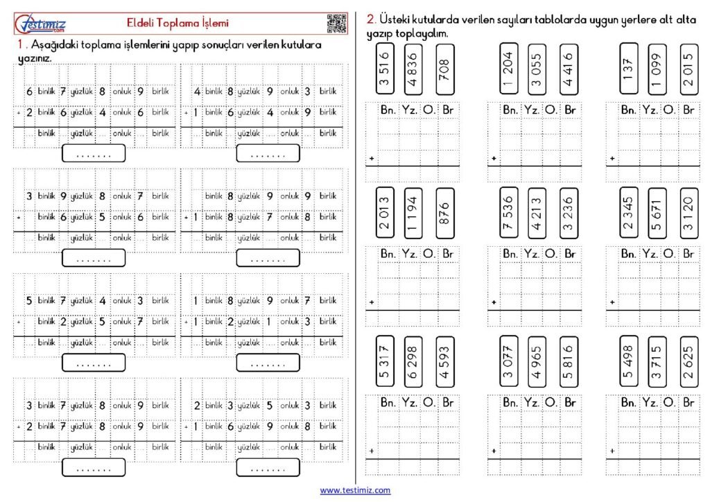 4. Sınıf Eldeli Toplama İşlemi Çalışması PDF