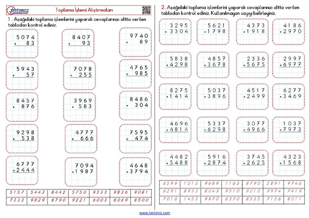 4. Sınıf Toplama İşlemi Alıştırmaları Çalışması PDF