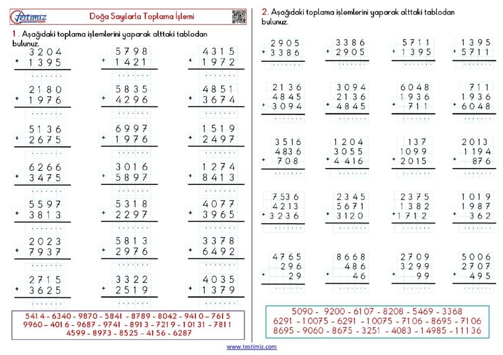 4. Sınıf Doğal Sayılarla Toplama Alıştırmaları PDF