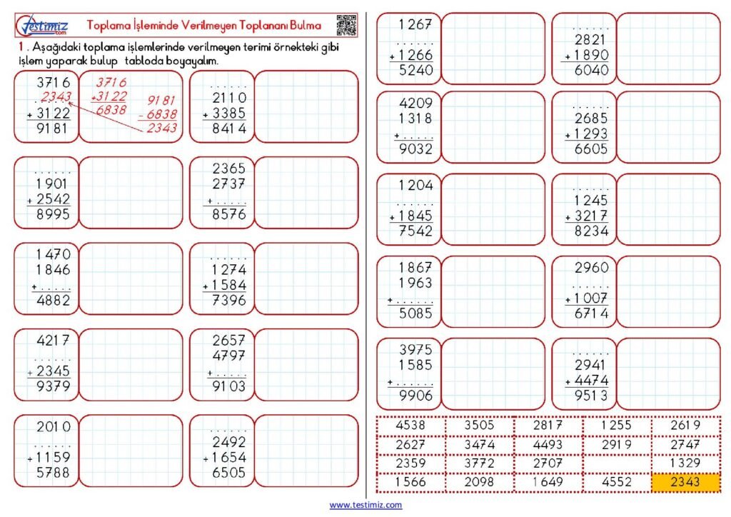 4. Sınıf Toplama İşleminde Verilmeyen Terim Bulma Çalışması PDF