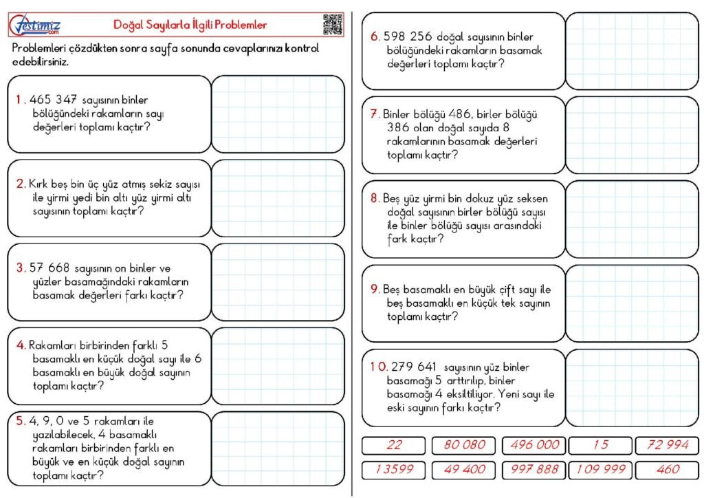 4. Sınıf Doğal Sayılarla İlgili Problem Çözme Çalışması PDF