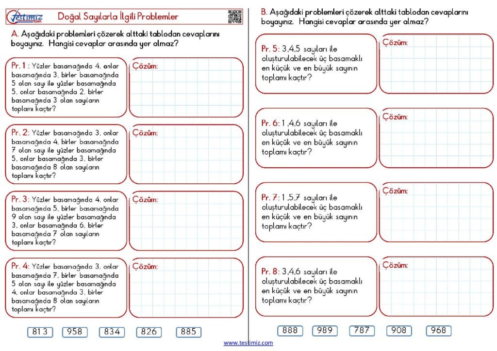 4. Sınıf Doğal Sayılarla İlgili Problemler Çalışması PDF