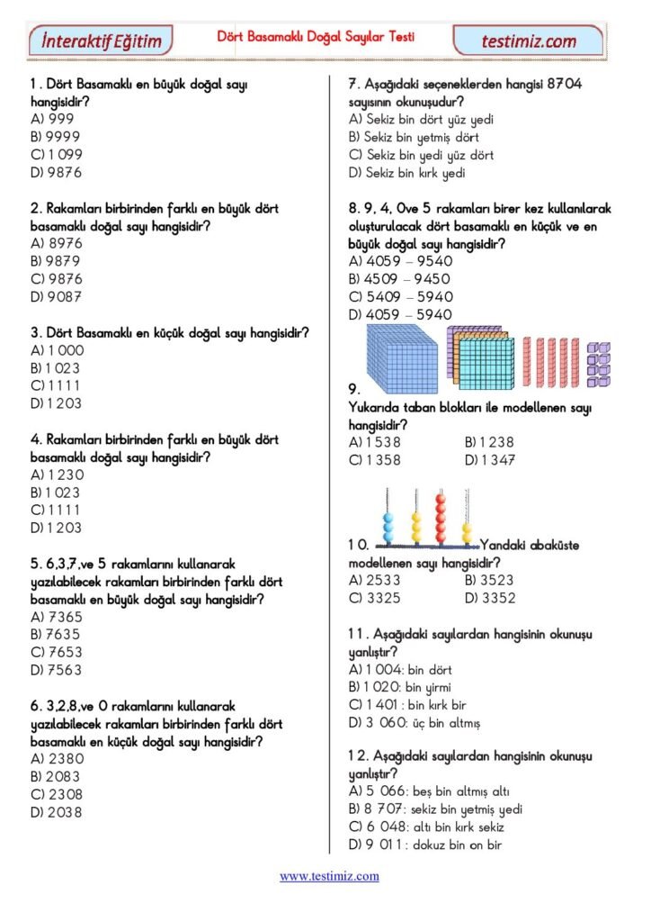 4. Sınıf Dört Basamaklı Doğal Sayılar Testi PDF