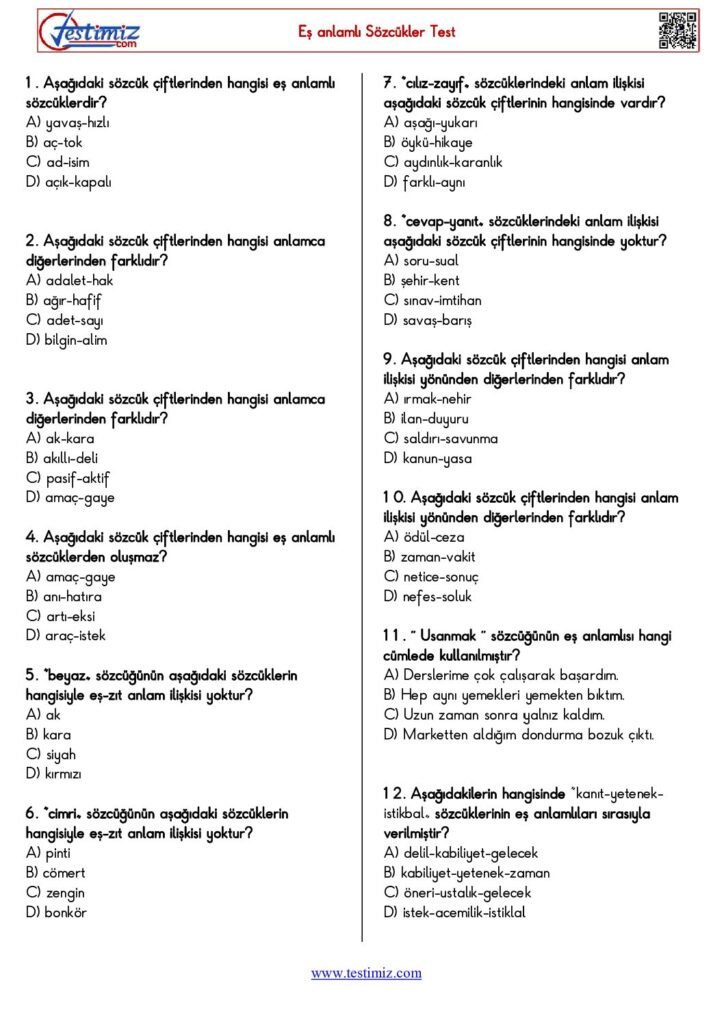 4. Sınıf Eş Anlamlı Kelimeler Testi PDF