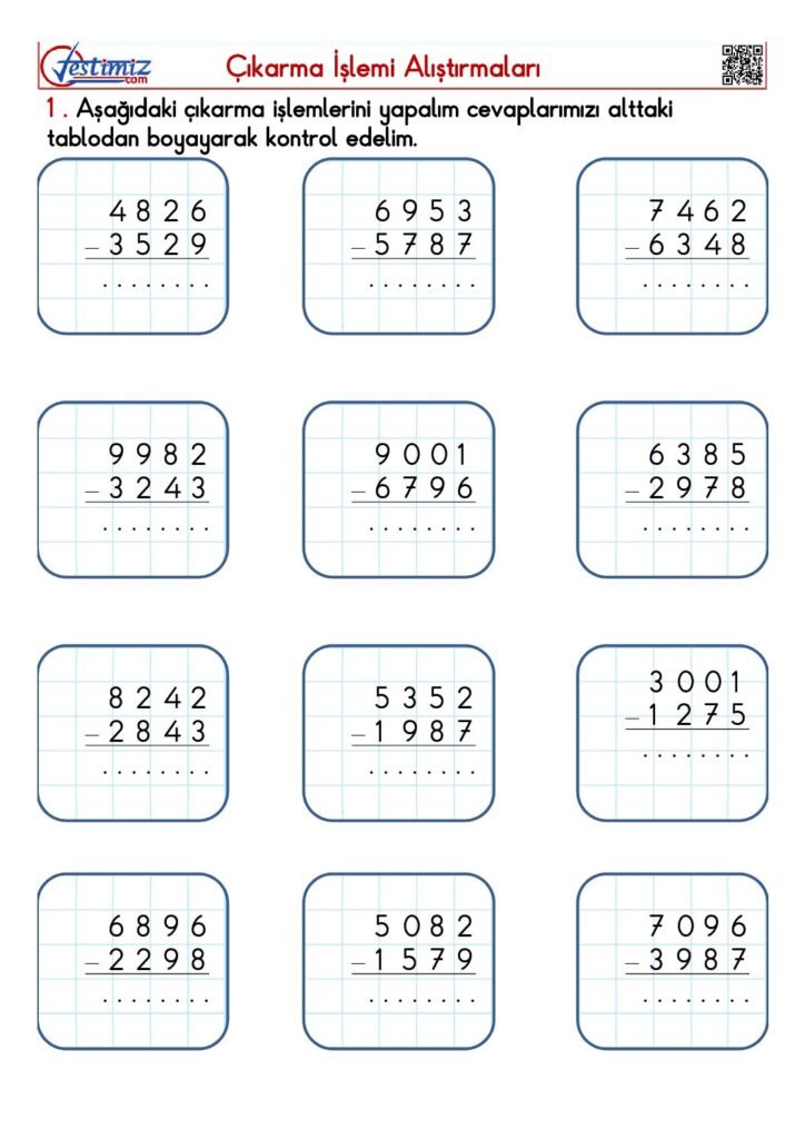 4. Sınıf Çıkarma İşlemi Alıştırmaları Çalışması PDF
