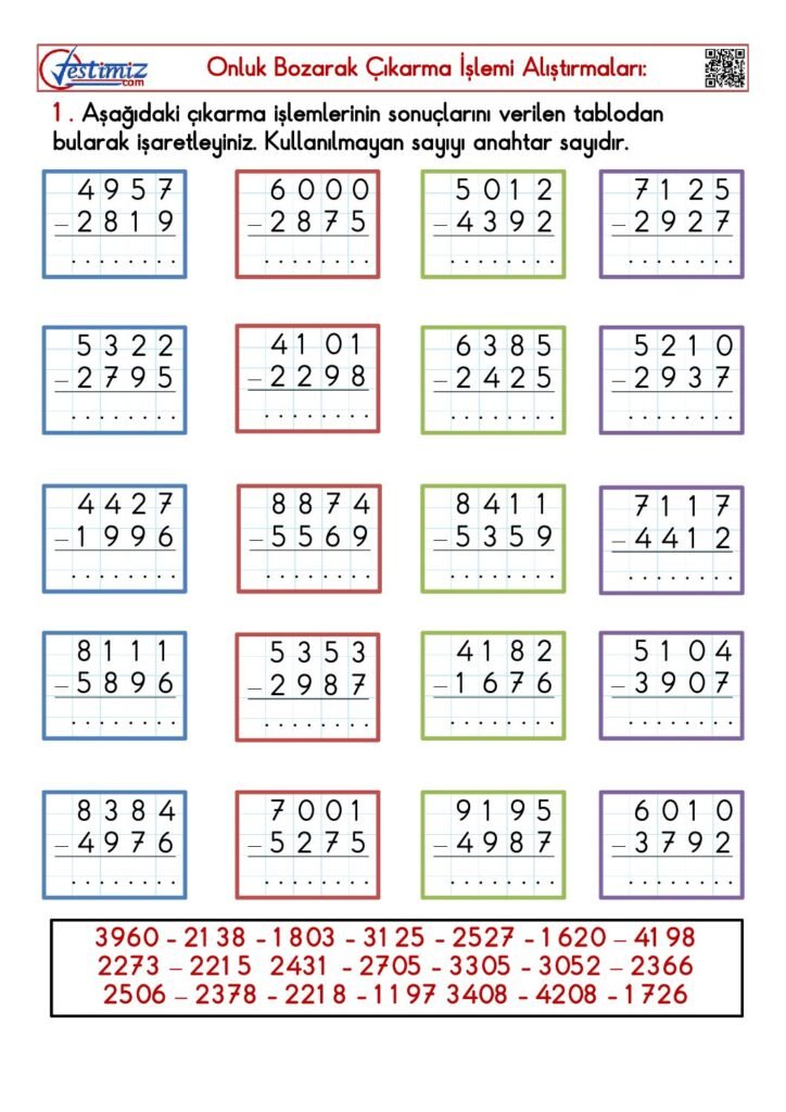 4. Sınıf Onluk Bozarak Çıkarma İşlemi Çalışması PDF
