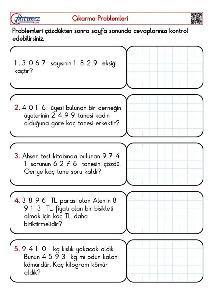 4. Sınıf Çıkarma İşlemi Problem Çözme Çalışması PDF