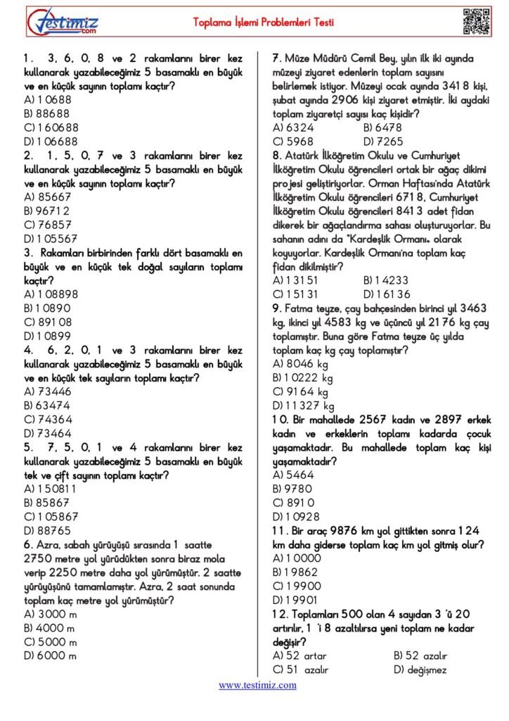 4. Sınıf Toplama İşlemi Problemleri Testi PDF