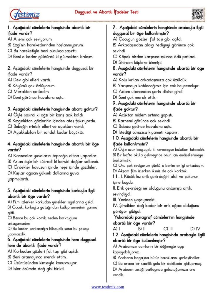 4. Sınıf Duygusal ve Abartılı İfadeler Testi PDF