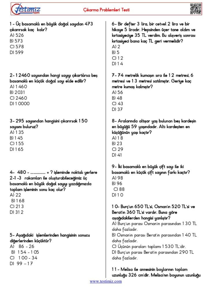 4. Sınıf Çıkarma Problemleri Testi PDF