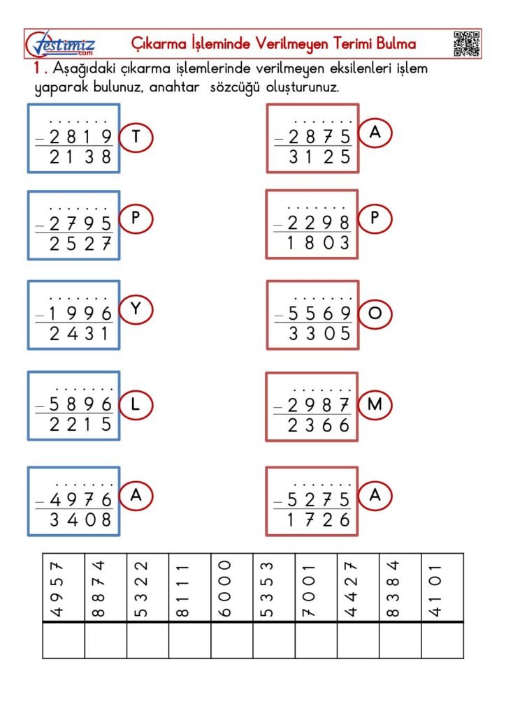 4. Sınıf Çıkarma İşleminde Verilmeyen Terimi Bulma Çalışması PDF