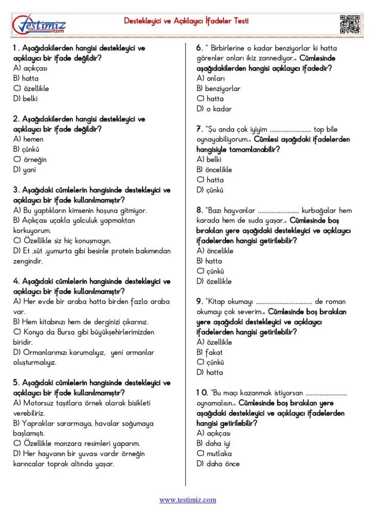 4. Sınıf Destekleyici ve Açıklayıcı İfadeler Testi PDF