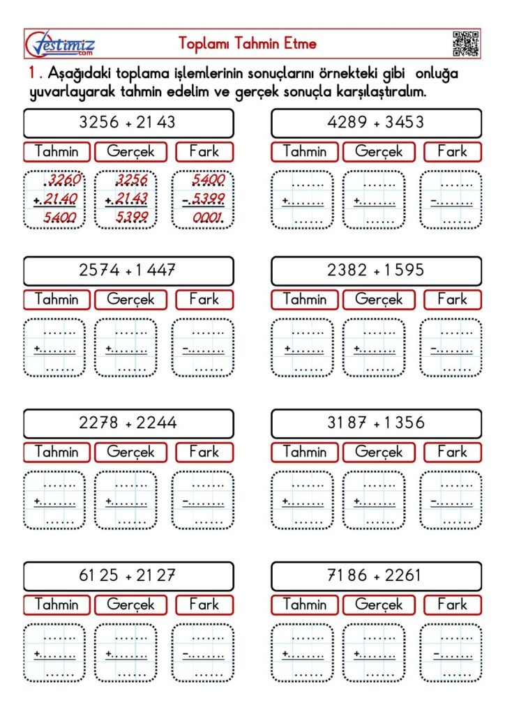 4. Sınıf Toplamı Tahmin Etme Çalışması PDF