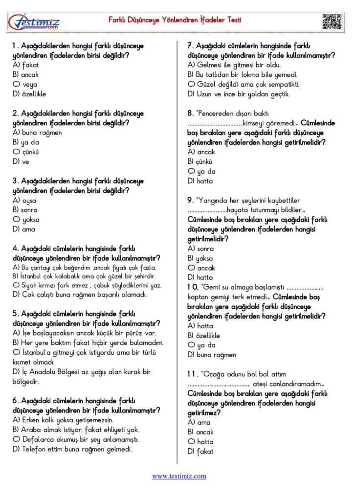 4. Sınıf Farklı Düşünceye Yönlendiren İfadeler Testi PDF