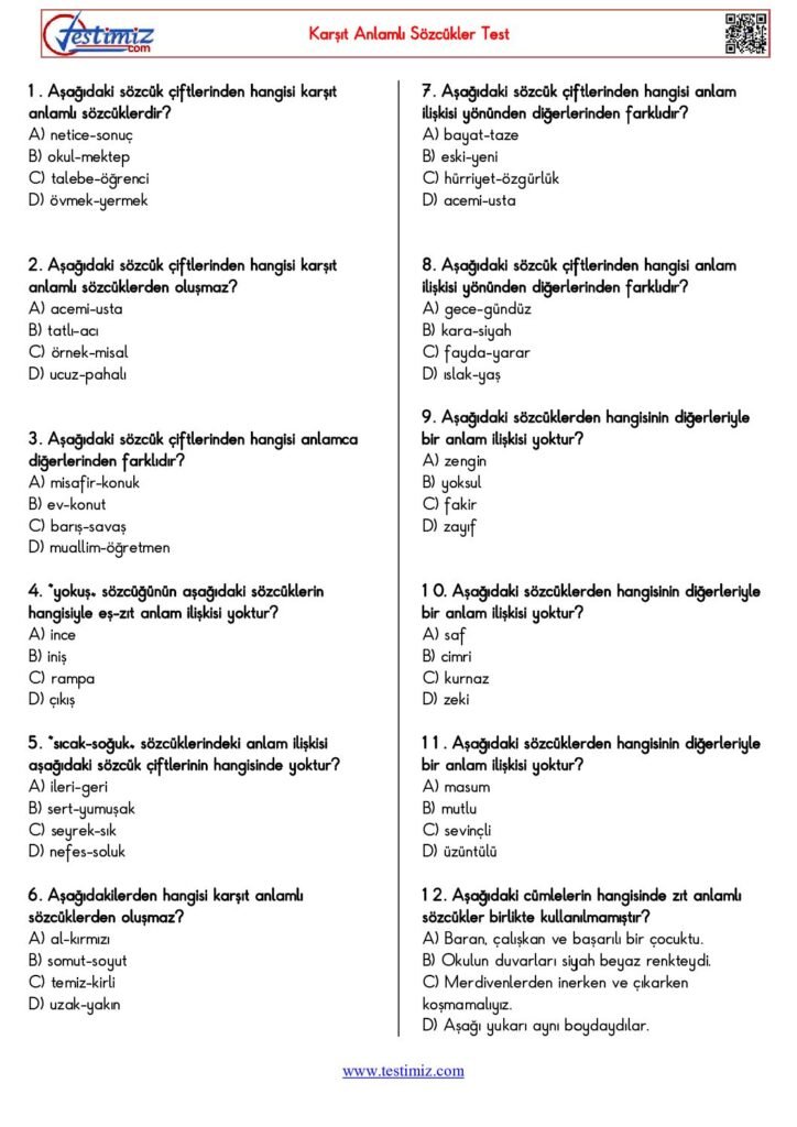 4. Sınıf Karşıt Anlamlı Sözcükler Test PDF