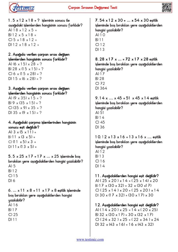 4. Sınıf Çarpma İşleminin Değişme Özelliği Testi PDF