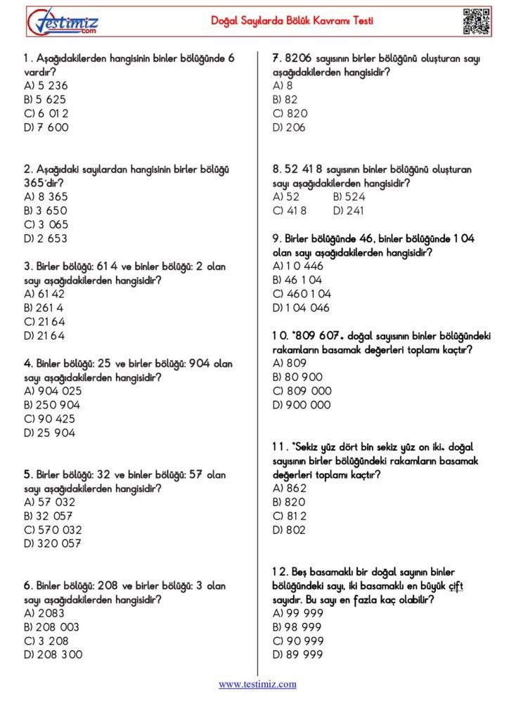 4. Sınıf Doğal Sayılarda Bölük Kavramı Testi PDF