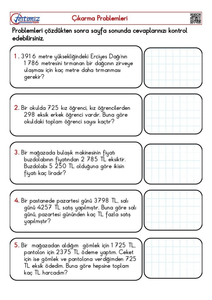 4. Sınıf Çıkarma İşlemi Problem Çözme Çalışması PDF