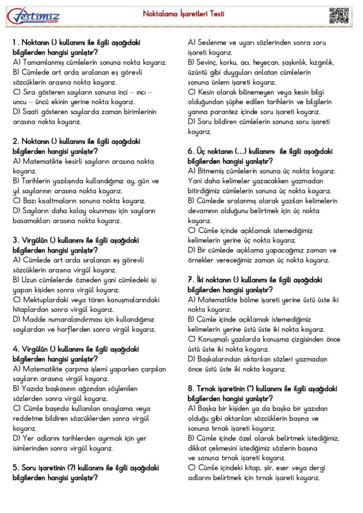 Noktalama İşaretleri Testi PDF 4. Sınıf