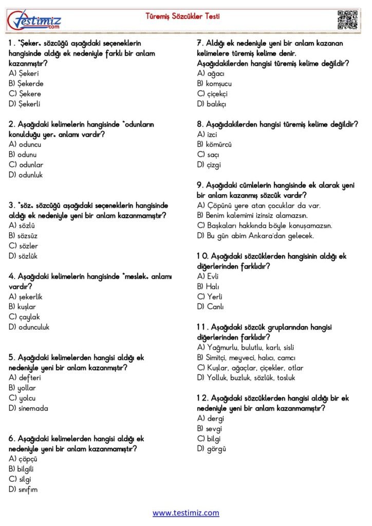 4. Sınıf Türemiş Kelimeler Test PDF