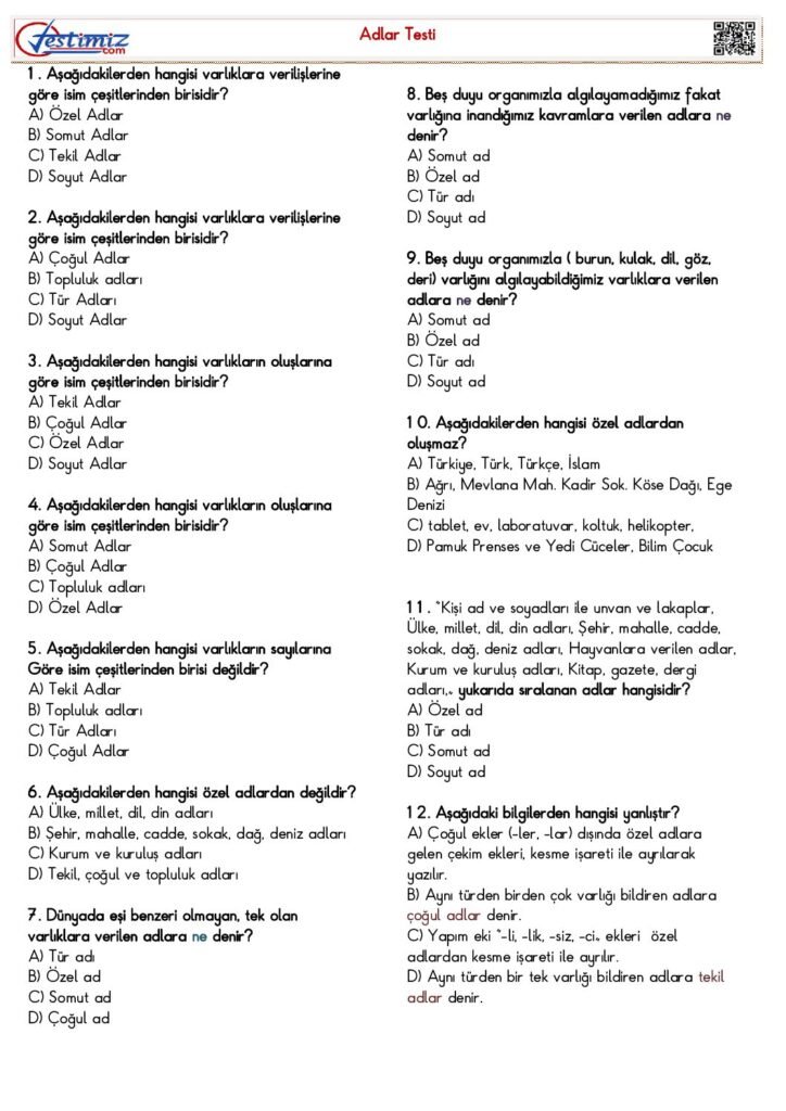 4. Sınıf Adlar Test PDF