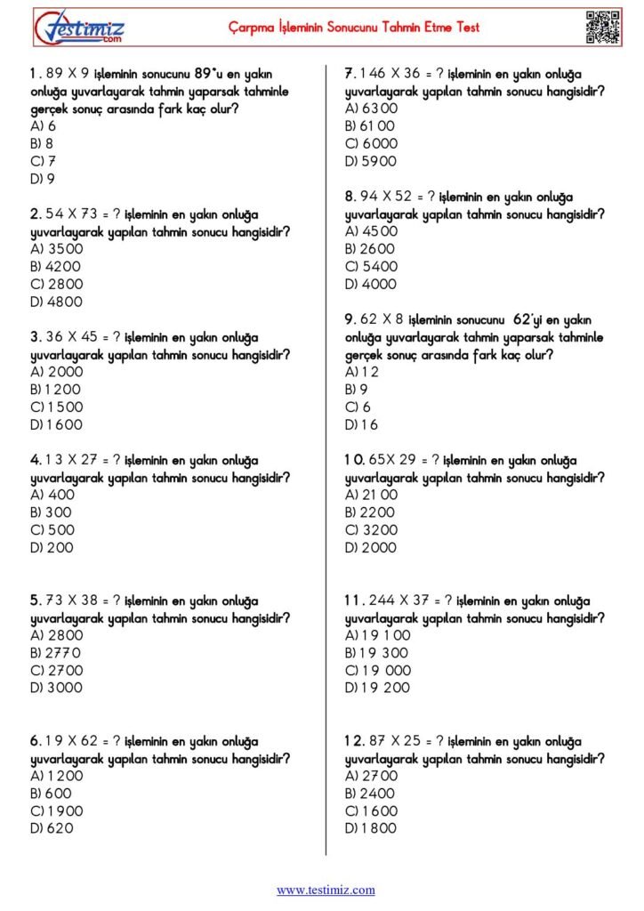 4. Sınıf Çarpma İşleminin Sonucunu Tahmin Etme Testi PDF