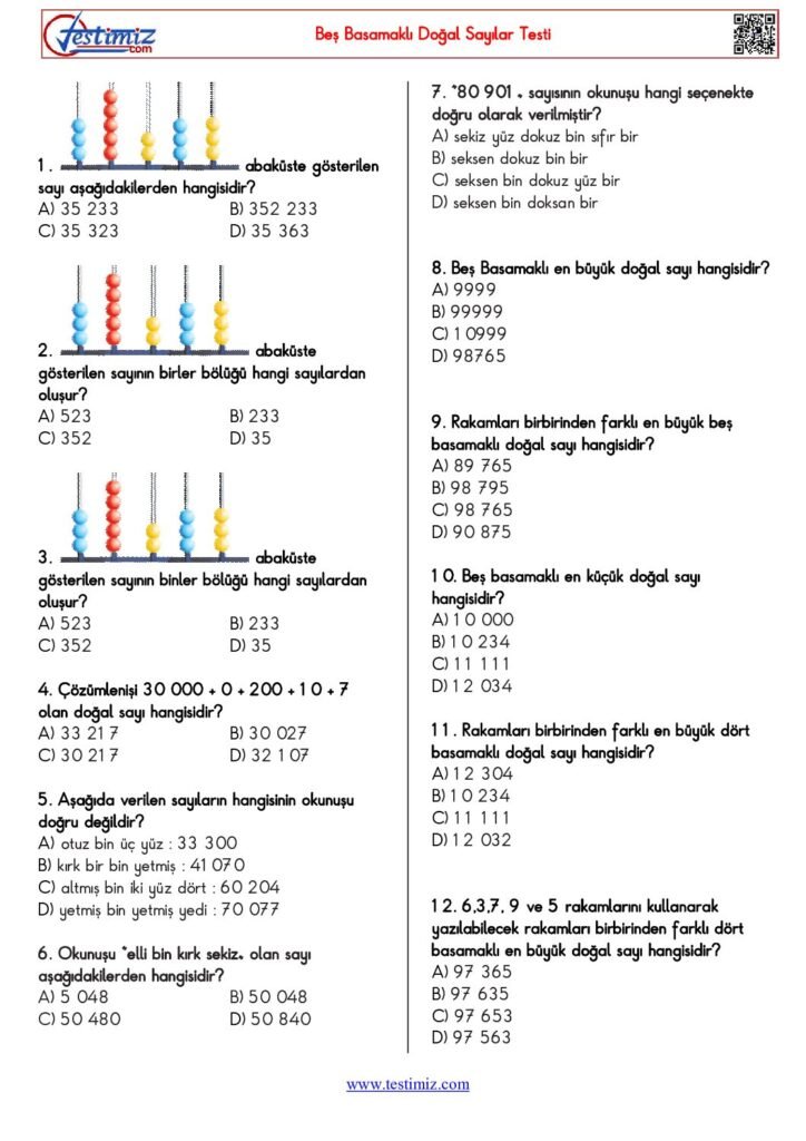 4. Sınıf Beş Basamaklı Doğal Sayılar Testi PDF