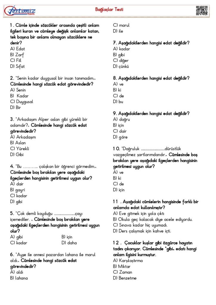 4. Sınıf Bağlaçlar Test PDF