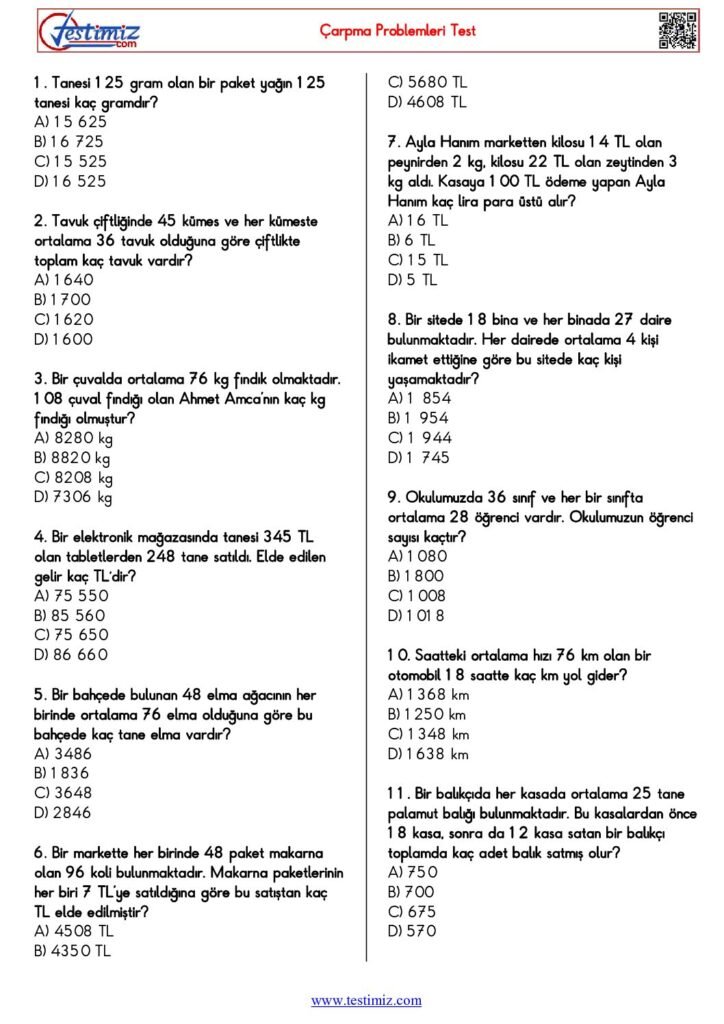 4. Sınıf Çarpma Problemleri Testi PDF