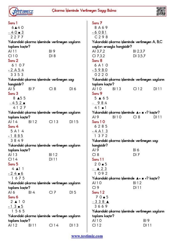 4. Sınıf Çıkarma İşleminde Verilmeyen Sayıyı Bulma Testi PDF