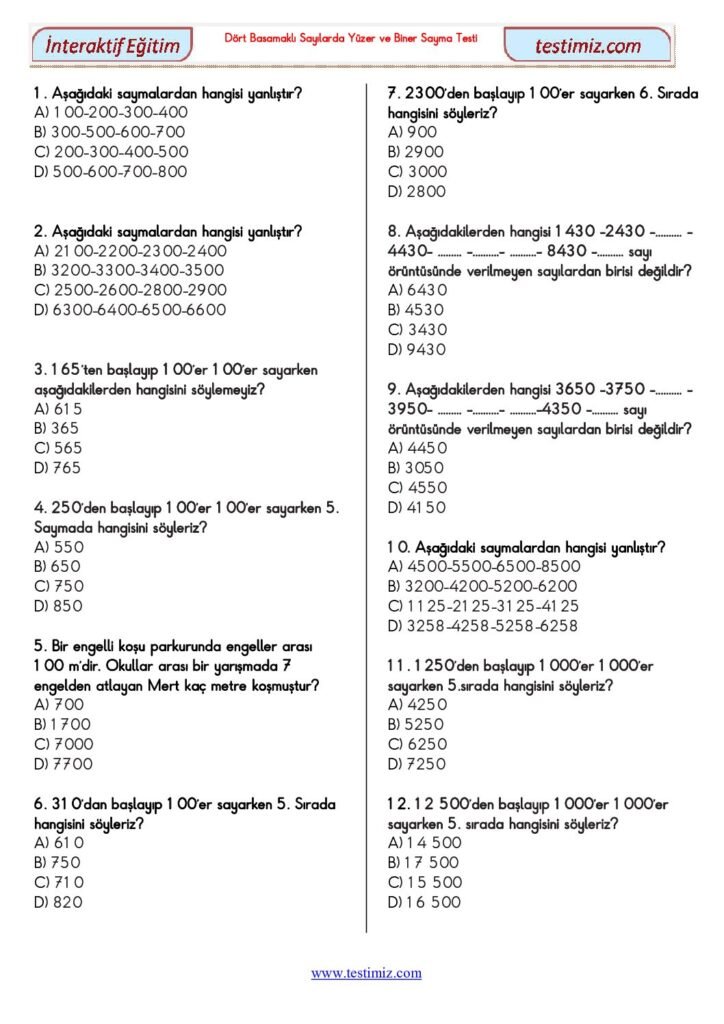 4. Sınıf Dört Basamaklı Sayılarda Yüzer ve Biner Sayma Testi PDF