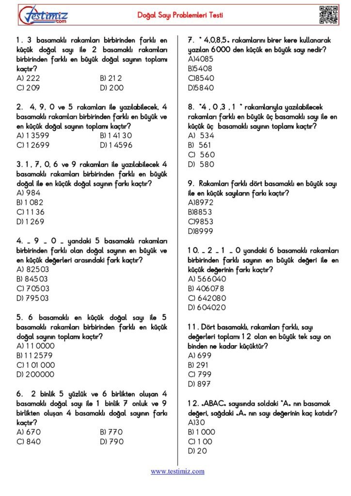 4. Sınıf Doğal Sayı Problemleri Testi PDF