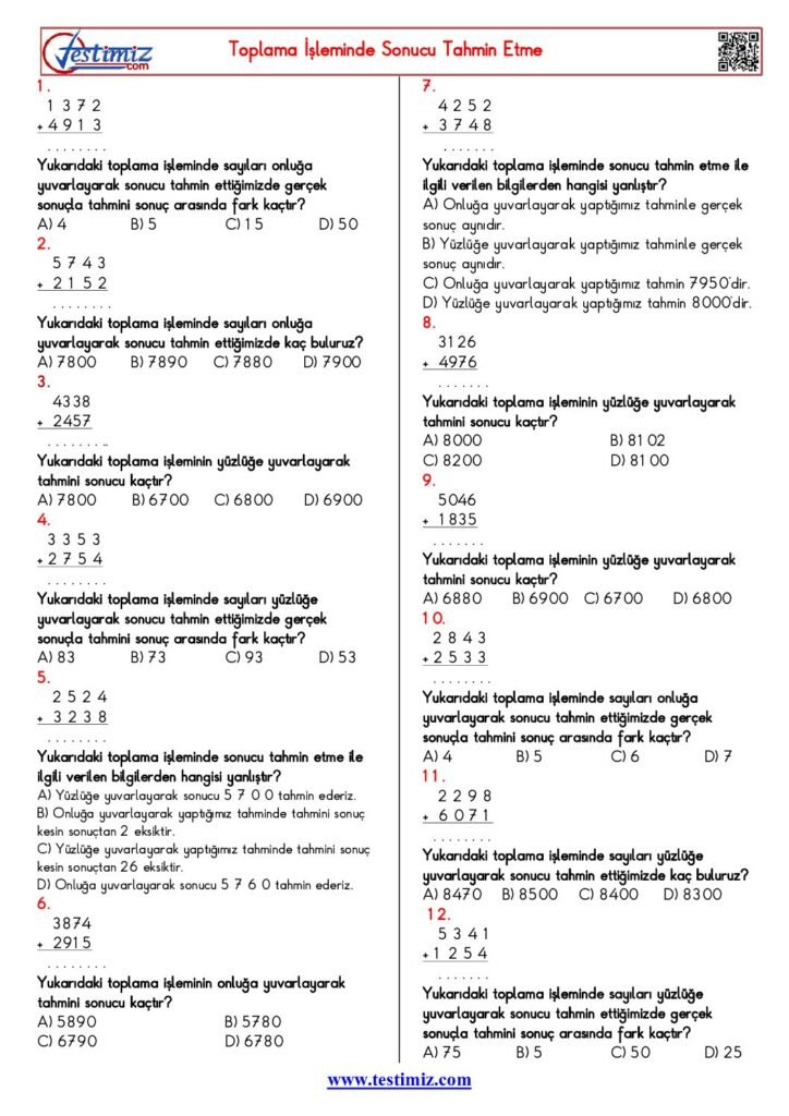 4. Sınıf Toplama İşleminde Sonucu Tahmin Etme Testi PDF