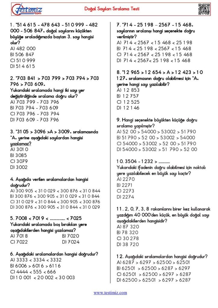 4. Sınıf Doğal Sayıları Sıralama Testi PDF