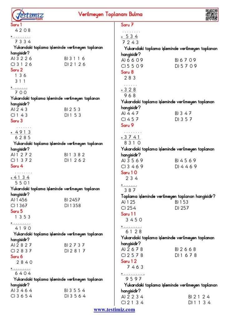 4. Sınıf Verilmeyen Toplananı Bulma Testi PDF