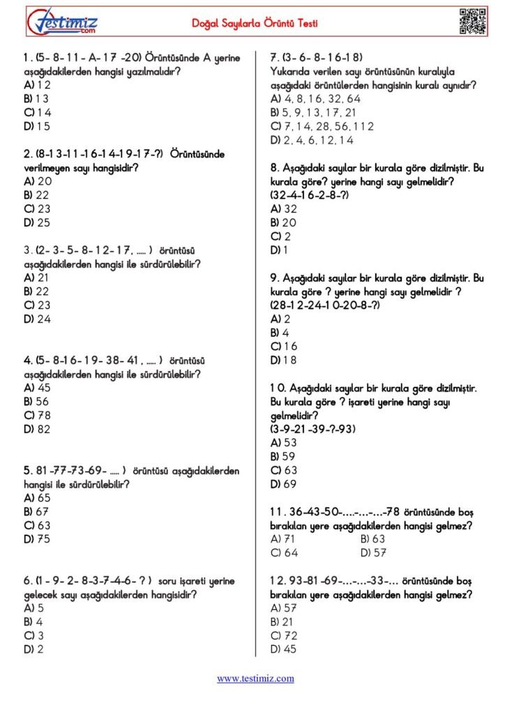 4. Sınıf Doğal Sayılarla Örüntü Testi PDF