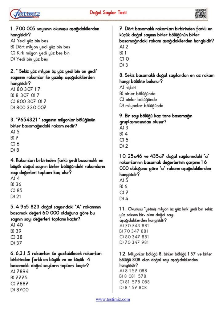 5. Sınıf Matematik Altı Basamaklı Sayıların Okunuşu ve Yazılışı Testi PDF