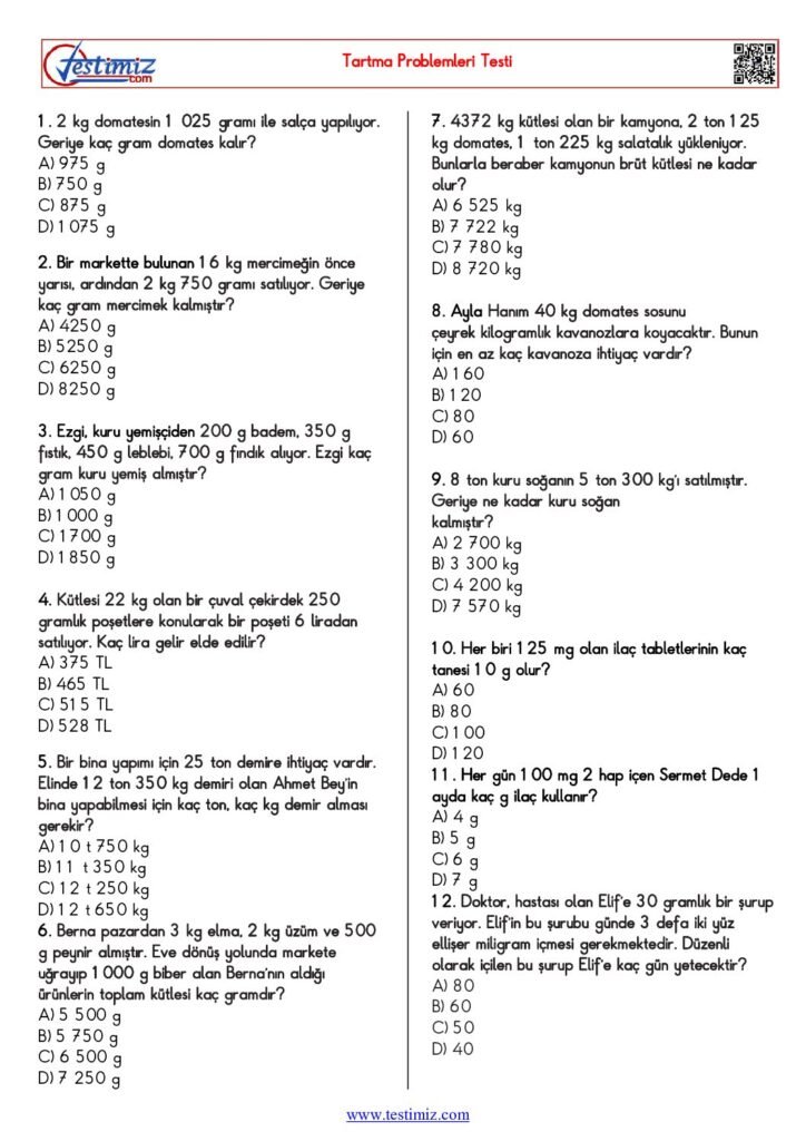 4. Sınıf Tartma Problemleri Testi PDF