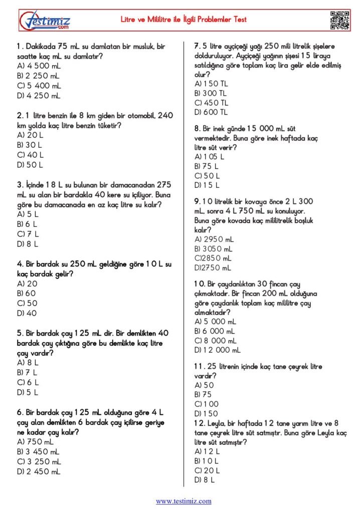 4. Sınıf Litre ve Mililitre ile İlgili Problemler Testi PDF