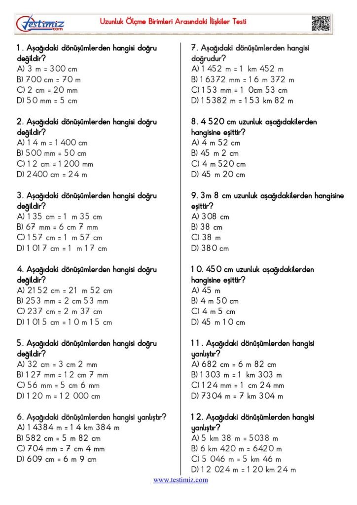 4. Sınıf Uzunluk Ölçme Birimleri Arasındaki İlişkiler Testi PDF