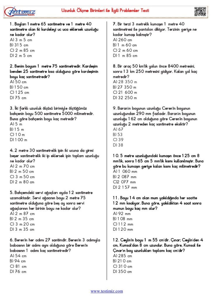 4. Sınıf Uzunluk Ölçme Birimleri ile İlgili Problemler Testi PDF