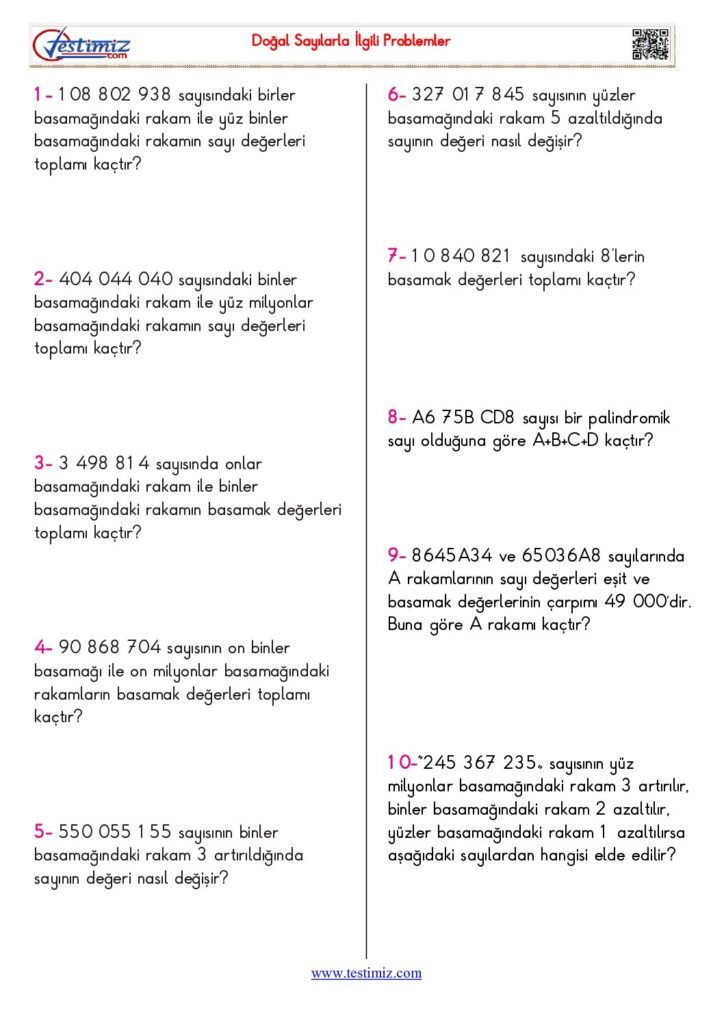 5. Sınıf Matematik Doğal Sayılarla İlgili Problemler PDF