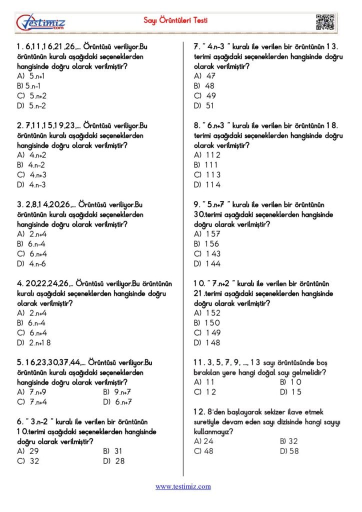 5. Sınıf Sayı Örüntüleri Test İndir PDF