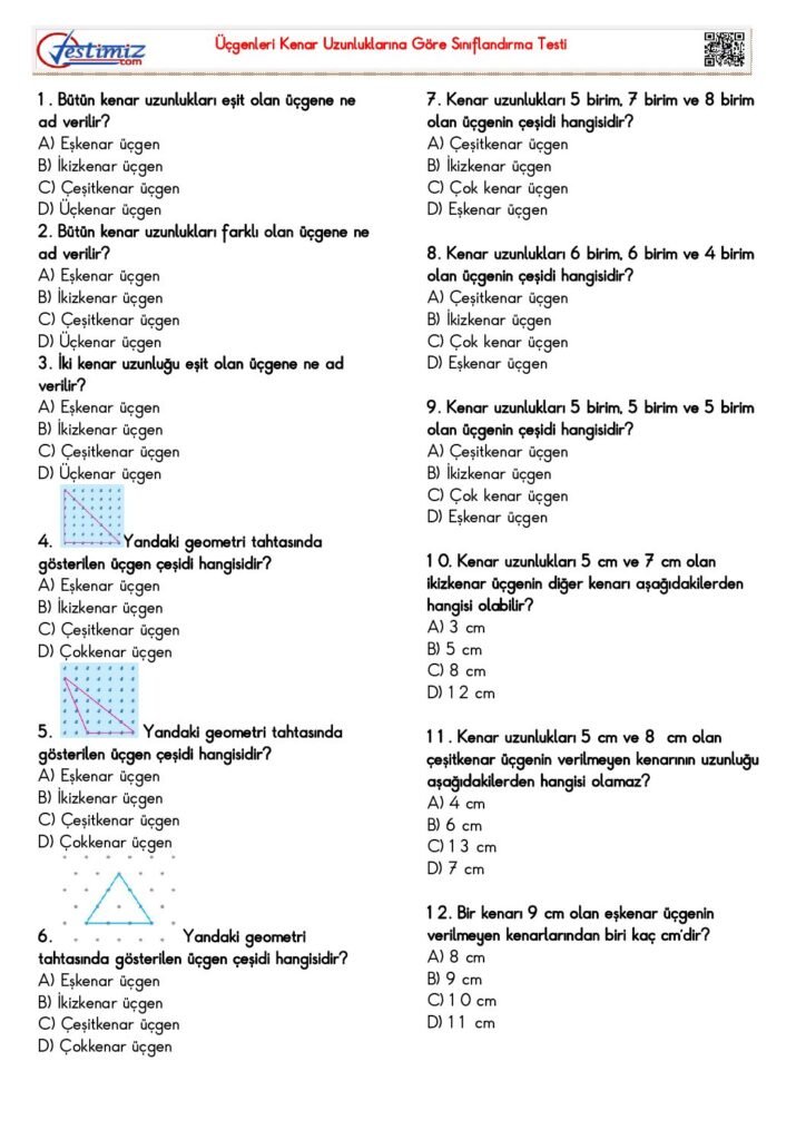 4. Sınıf Kenarlarına Göre Üçgen Çeşitleri Testi PDF