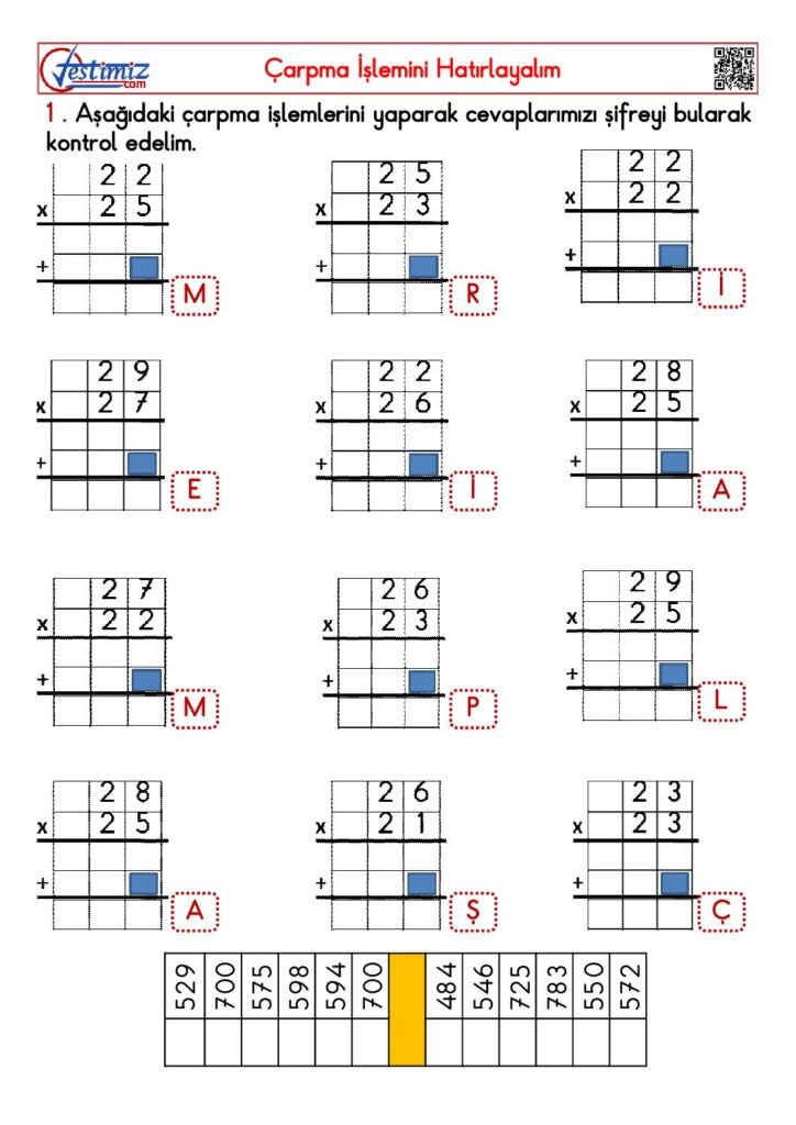 4. Sınıf Çarpma İşlemini Hatırlayalım Çalışması PDF