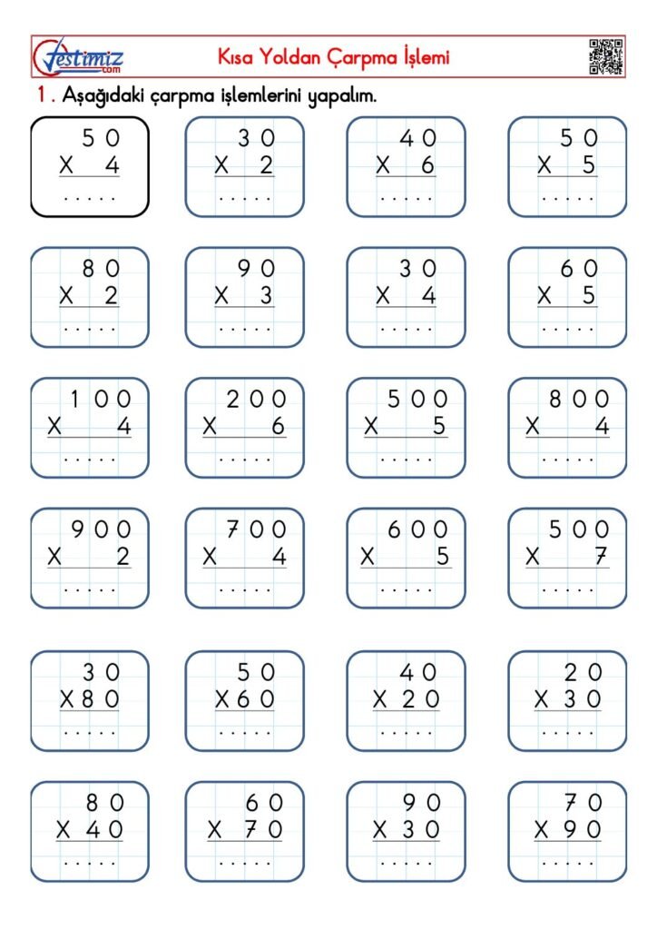4. Sınıf Kısa Yoldan Çarpma İşlemi Çalışması PDF