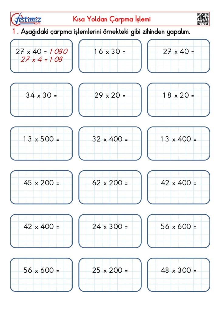 4. Sınıf Kısa Yoldan Çarpma İşlemi Çalışması PDF