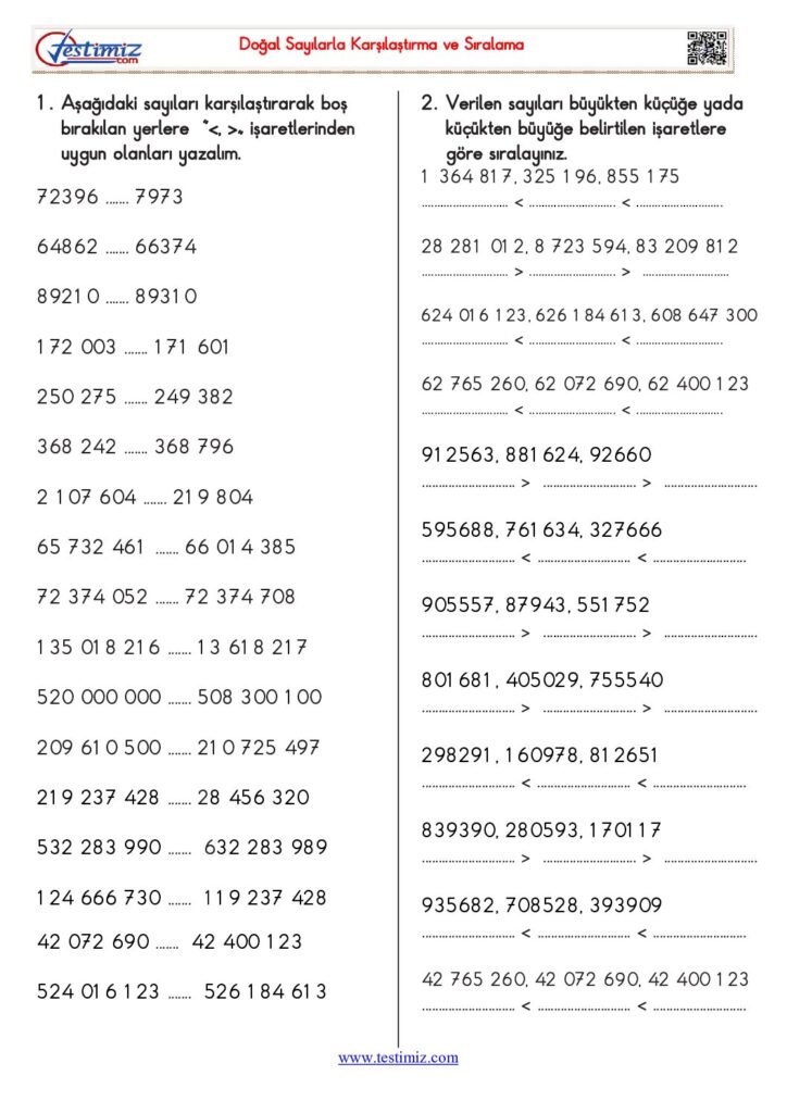 5. Sınıf Matematik Doğal Sayılarla Karşılaştırma ve Sıralama Çalışma PDF